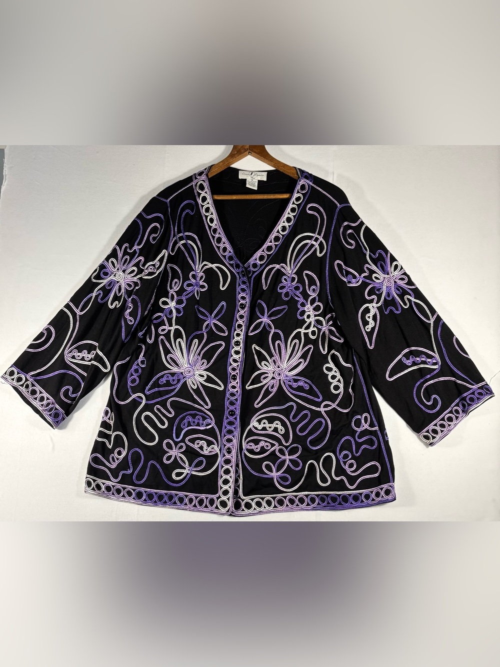 Once 1 Again Plus Women’s 1X Black/Lavender Embroidered V-Neck Cardigan Jacket